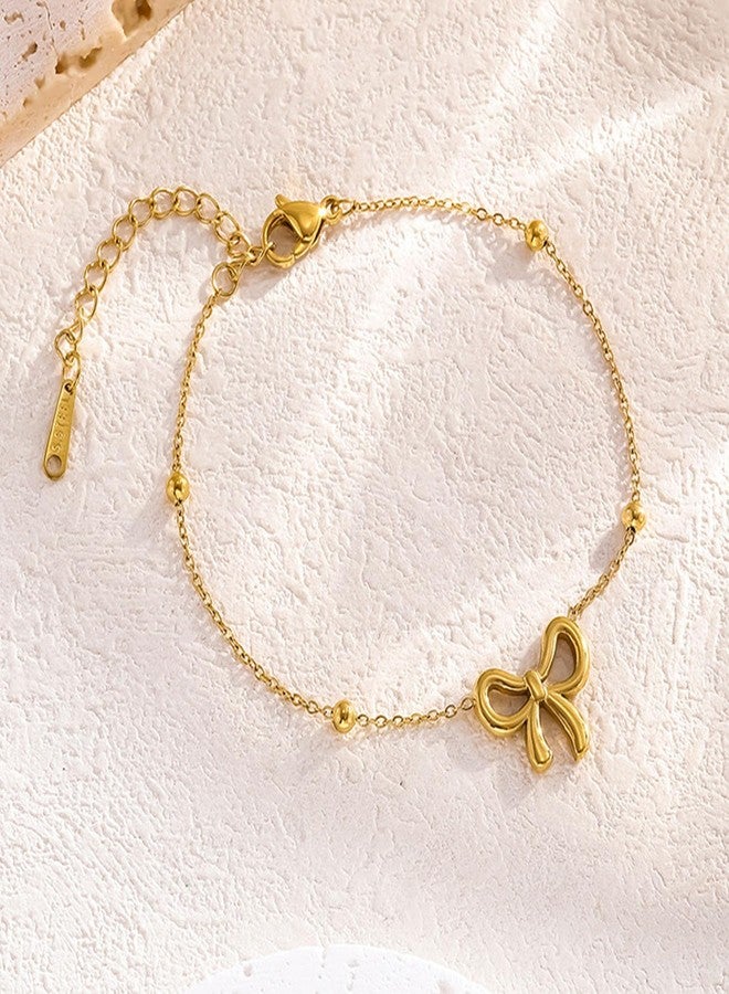 GLMOCM Gold Bow Bracelet for Women Beaded Bow Bracelets Pearl Bow Stretch Bracelets Gold Bead Stackable Bracelet Fashion Jewelry for Women (Gold Chian) - Image 5